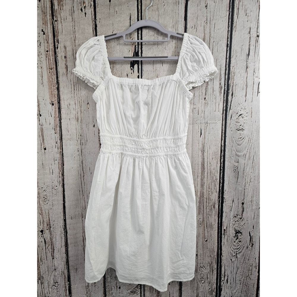 French Connection White Smocked Peasant Mini Dress Puff‎ Sleeve XS Square Neck